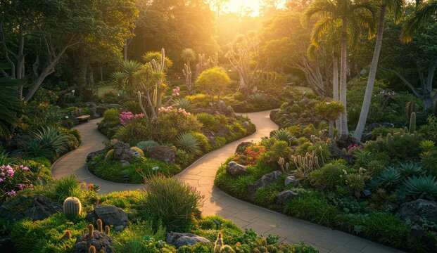 Lush botanical garden with winding path, bathed in golden sunlight. - Powered by Adobe