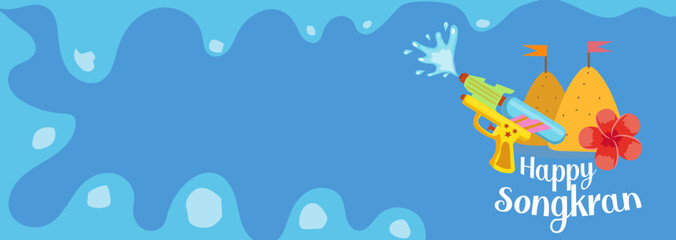 A colorful Songkran festival poster in cartoon style with water splashes, temple, and traditional elements. Great for banners, ads, and event promotions