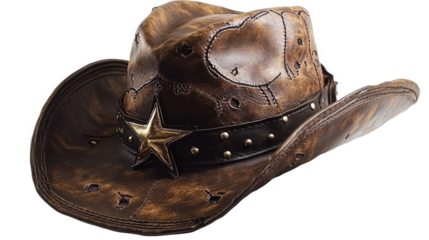 Vintage Brown Leather Cowboy Hat with Decorative Stitching