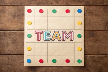 A colorful board game layout featuring the word "TEAM" prominently displayed in the center, surrounded by colored tokens against a wooden background.