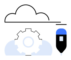 Cloud with gear symbolizing digital collaboration, data storage drive. Ideal for technology, innovation, IT, data management, cloud storage, digital tools, flat simple metaphor