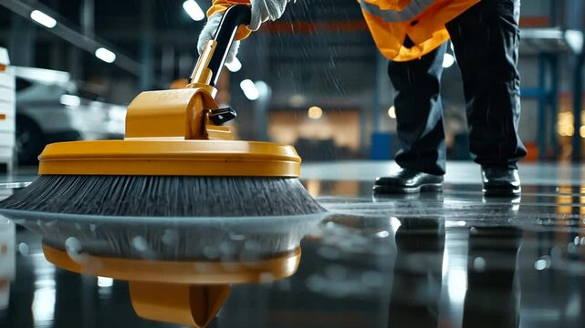 A worker cleaning a garage floor with a scrubber machine