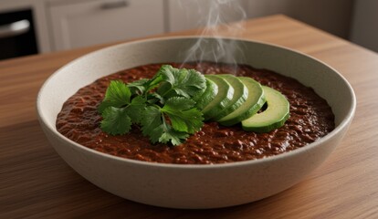 A steaming bowl of chili topped with avocado slices and fresh cilantro.