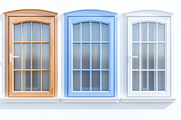 Fototapeta premium Three arched windows, wood, blue, white frames, home renovation