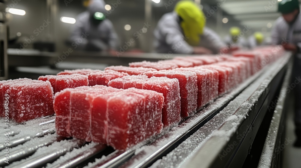 Fototapete Workers are processing frozen perishable items in a climate controlled cold storage area, ensuring proper inventory management and refrigeration for distribution.
