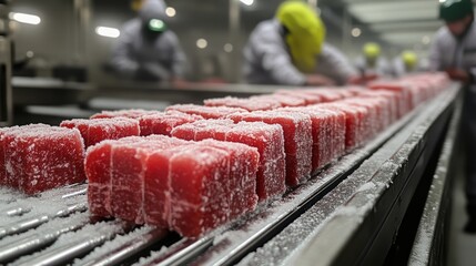 Workers are processing frozen perishable items in a climate controlled cold storage area, ensuring proper inventory management and refrigeration for distribution.