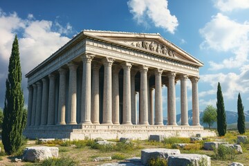 Fototapeta premium Historic temple stands tall under a bright blue sky in an ancient landscape