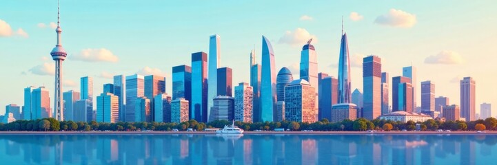 Naklejka premium Flat business icons set on a modern cityscape background , business metaphor, company symbols