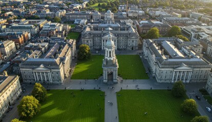 Naklejka premium Aerial view of Trinity College in Dublin, Ireland at golden hour.