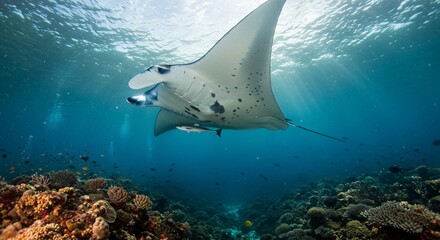 A majestic manta ray swims gracefully in the deep ocean
