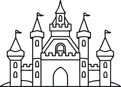 recommend clip art: Castle outline coloring book page, Castle line art vector