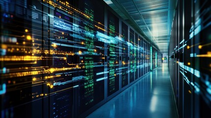 Long corridor in server room with dark server racks, vibrant blue and gold light streaks depicting dynamic data streams flowing across servers
