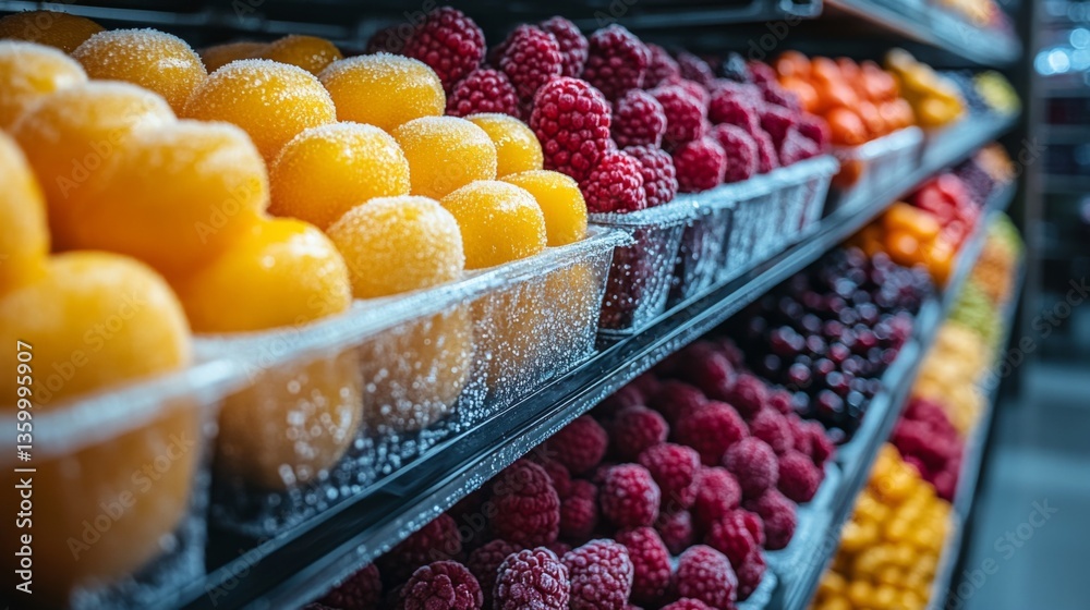 Poster shelves filled with assorted frozen fruits, including raspberries and peaches, organized carefully i