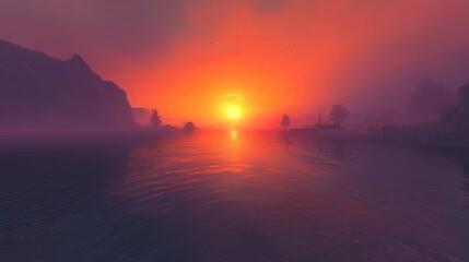 A breathtaking sunset over a tranquil river, with vivid orange and purple hues reflecting beautifully in the calm water.