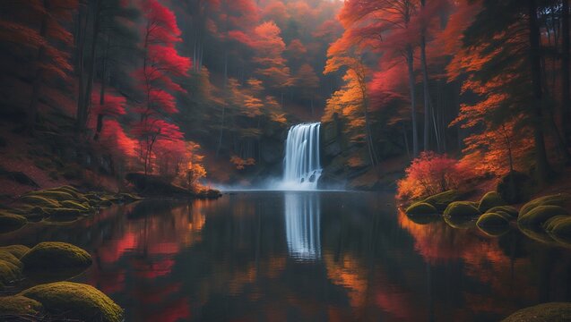 Autumn waterfall flows into reflective lake surrounded by colorful trees