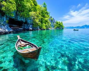 Fototapeta na wymiar Tropical Lagoon Boat, Lush Caves