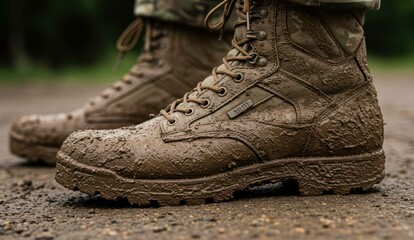 Close-up of muddy military boots after an outdoor adventure or training.