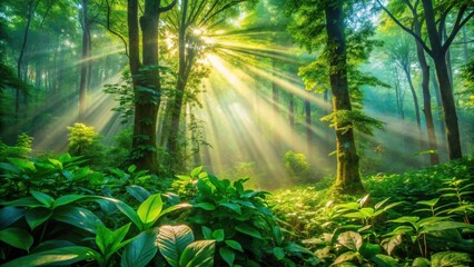 Sunbeams Illuminate Lush Forest Undergrowth in Misty Morning