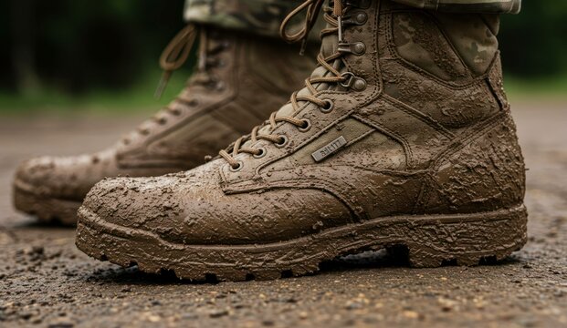 Close-up of muddy military boots after an outdoor adventure or training. - Powered by Adobe