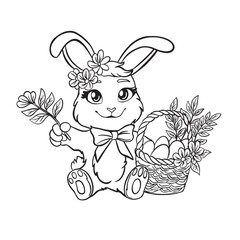Bunny coloring an Easter egg, perfect for kids' activities, preschool worksheets, and coloring books