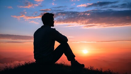 Man sitting on hilltop enjoying a serene sunset