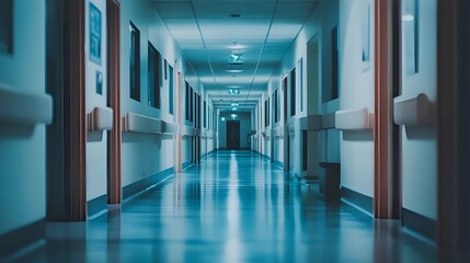 Long Empty Hospital Corridor with Soft Lighting.