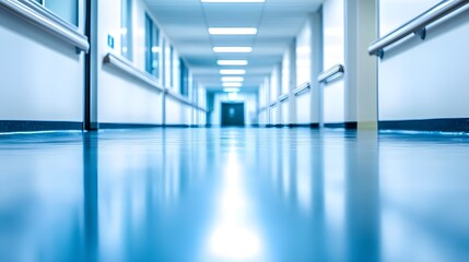 Long Empty Hospital Corridor with Soft Lighting.