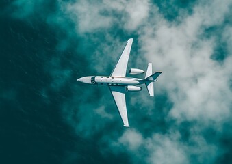 Fototapeta premium A white airplane is flying above clouds over blue ocean water