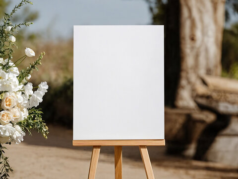 Wedding Welcome Sign Mockup on Easel with Elegant Rose-Filled Arch