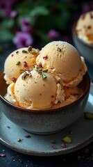 Sweet Delight: Captivating close-up captures a tantalizing serving of ice cream. Creamy scoops, adorned with delicate accents, and set against a backdrop, inviting a sensory experience. 