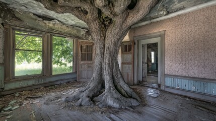 Nature's takeover: A colossal tree infiltrates and reclaims a dilapidated home's interior