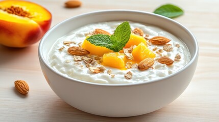 Greek-style cream cheese features a creamy texture, topped with honey, peach pieces, and almonds, inviting a taste of summer freshness.