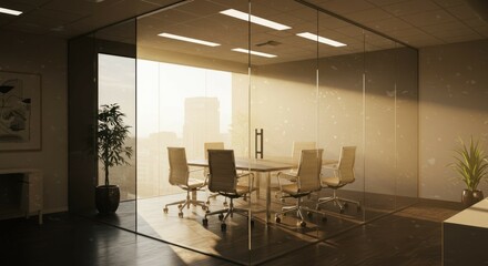 A modern conference room with glass walls and a table with chairs.