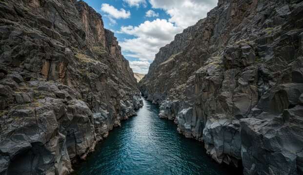 Majestic canyon river view with towering cliffs and flowing water.