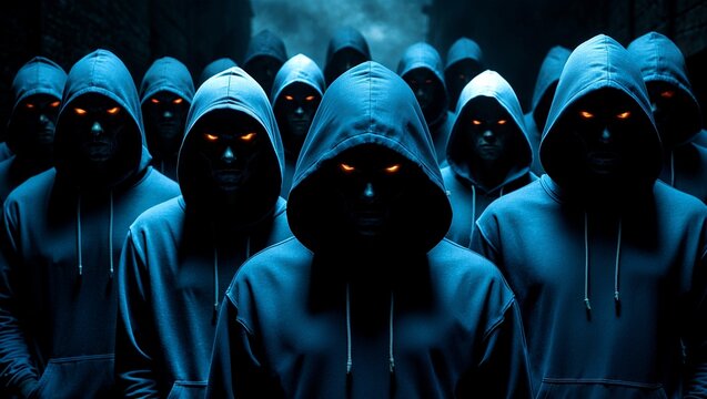Mysterious hooded figures enveloped in shadowy darkness