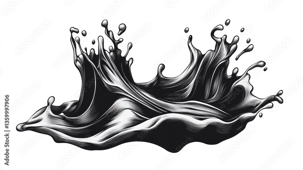 Poster abstract black liquid splash with dynamic waves and droplets, creating a striking visual effect for 