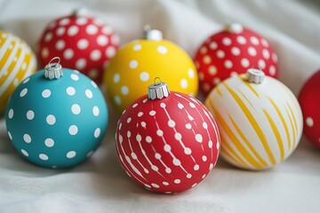 Fototapeta premium Colorful Christmas tree ornaments on a soft fabric background 