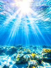 Obraz premium Underwater sunbeams illuminate coral reef