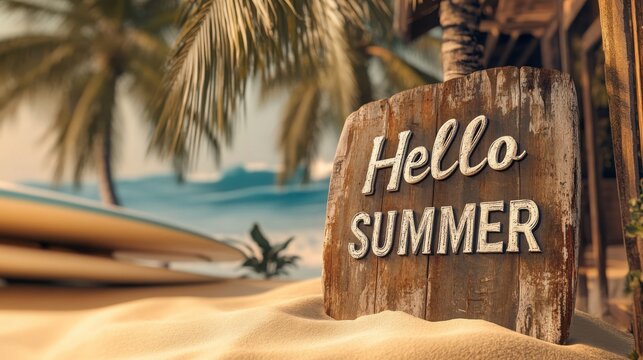 Vintage surf shack theme with a weathered "Hello SUMMER" wooden board leaning against a surfboard palm trees swaying and soft sand dunes.