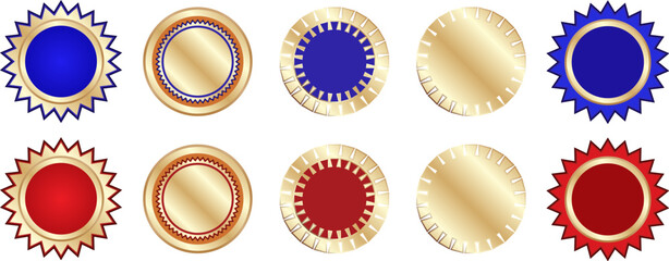 Collection of Glossy gold and red and blue badge on white background.