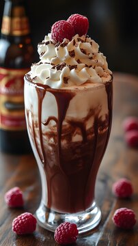 Decadent Raspberry Mocha: A close-up view of a tall, luscious mocha topped with whipped cream, chocolate drizzle, and fresh raspberries
