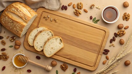 Freshly Sliced Bread Surrounded by Nuts and Honey on Wooden Board