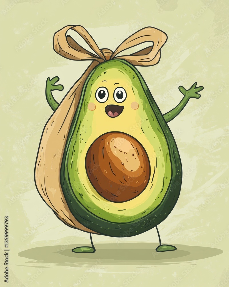 Fototapete humorous cartoon avocado joyfully carrying a large grocery bag in a playful pastel setting with exag
