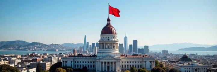 Naklejka premium Half-mast flag flying above San Francisco City Hall's iconic dome, flag, architecture
