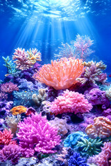 Obraz premium Vibrant coral reef underwater scene, sun rays