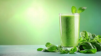 A refreshing green smoothie in a glass, surrounded by fresh spinach leaves, set against a soft green background.