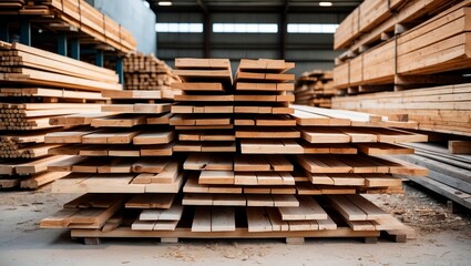 Stack of wooden planks in lumberyard for construction