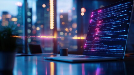 success screen showing rising analytics chart neon, blurred Laptop lights reflecting digital cityscape and corporate momentum office