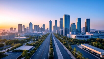 Fototapeta premium Sunrise over panoramic skyline and modern buildings
