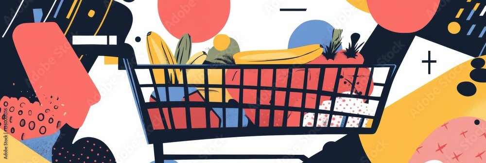 Poster creative grocery shopping illustration featuring vibrant colors and geometric shapes in a modern sty
